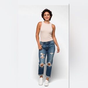 STUDIO BLUE Indigo Rockie mid-rise Girlfriend distressed jeans in 28